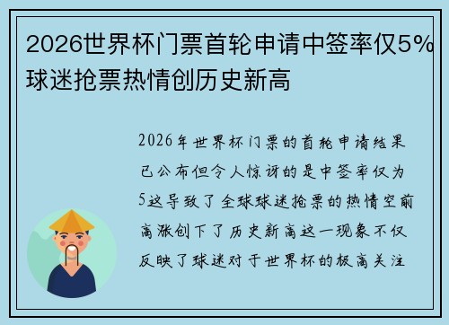 2026世界杯门票首轮申请中签率仅5%球迷抢票热情创历史新高