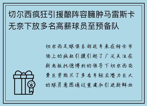 切尔西疯狂引援酿阵容臃肿马雷斯卡无奈下放多名高薪球员至预备队