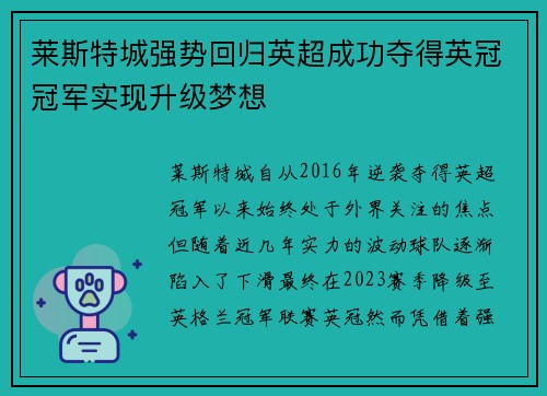 莱斯特城强势回归英超成功夺得英冠冠军实现升级梦想 莱斯特城强势回归英超成功夺得英冠冠军实现升级梦想