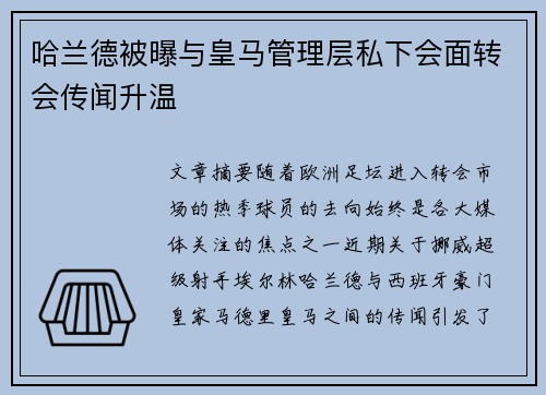 哈兰德被曝与皇马管理层私下会面转会传闻升温